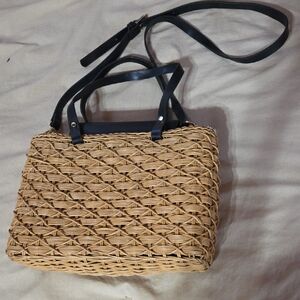 Zara Tan Woven Shoulder Bag with Black Straps